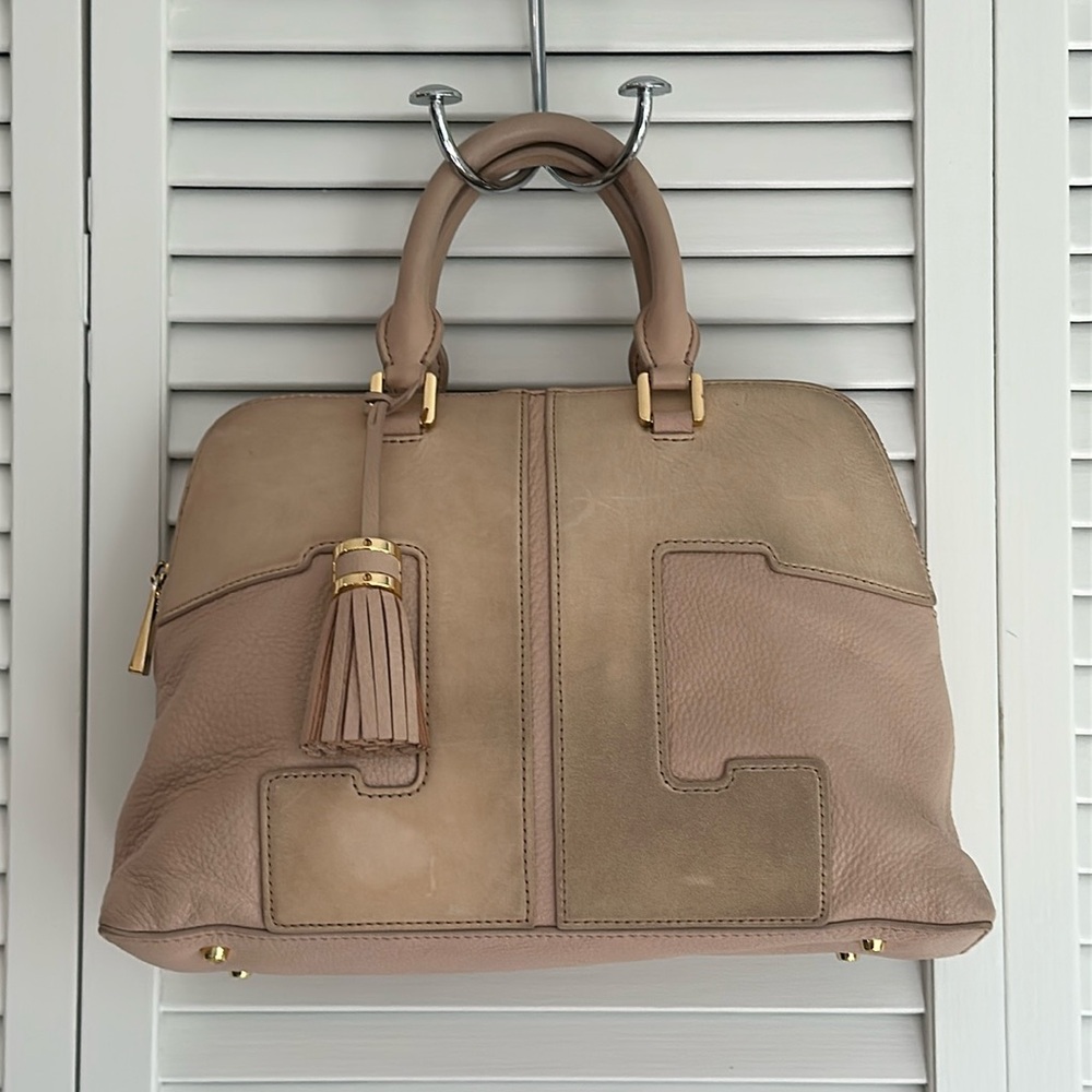 Tory Burch Light Oak Pinkish Leather Suede Classic T Bowler Handbag Purse